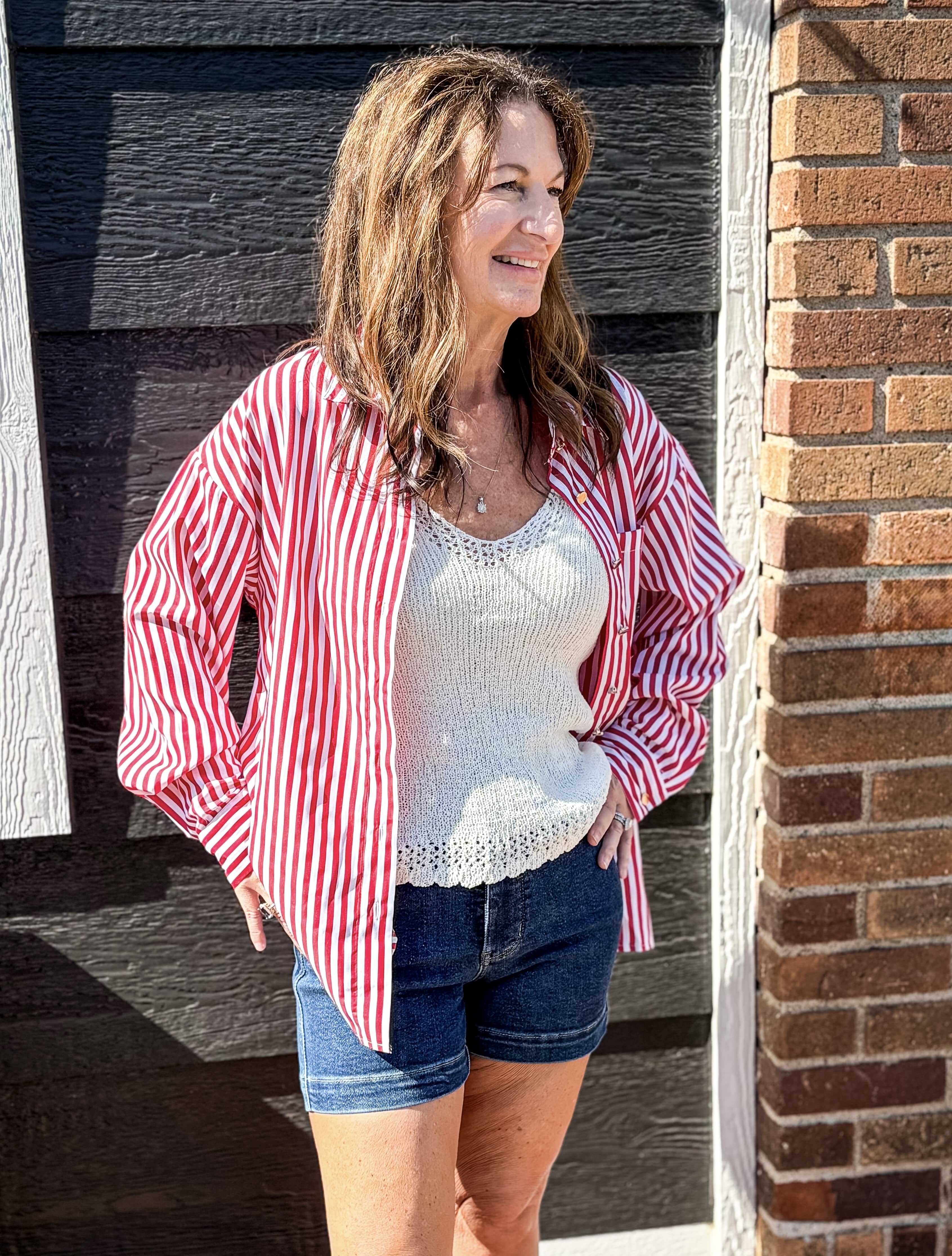 LA Society Ruby Striped Patched Side Slit Loose Shirt