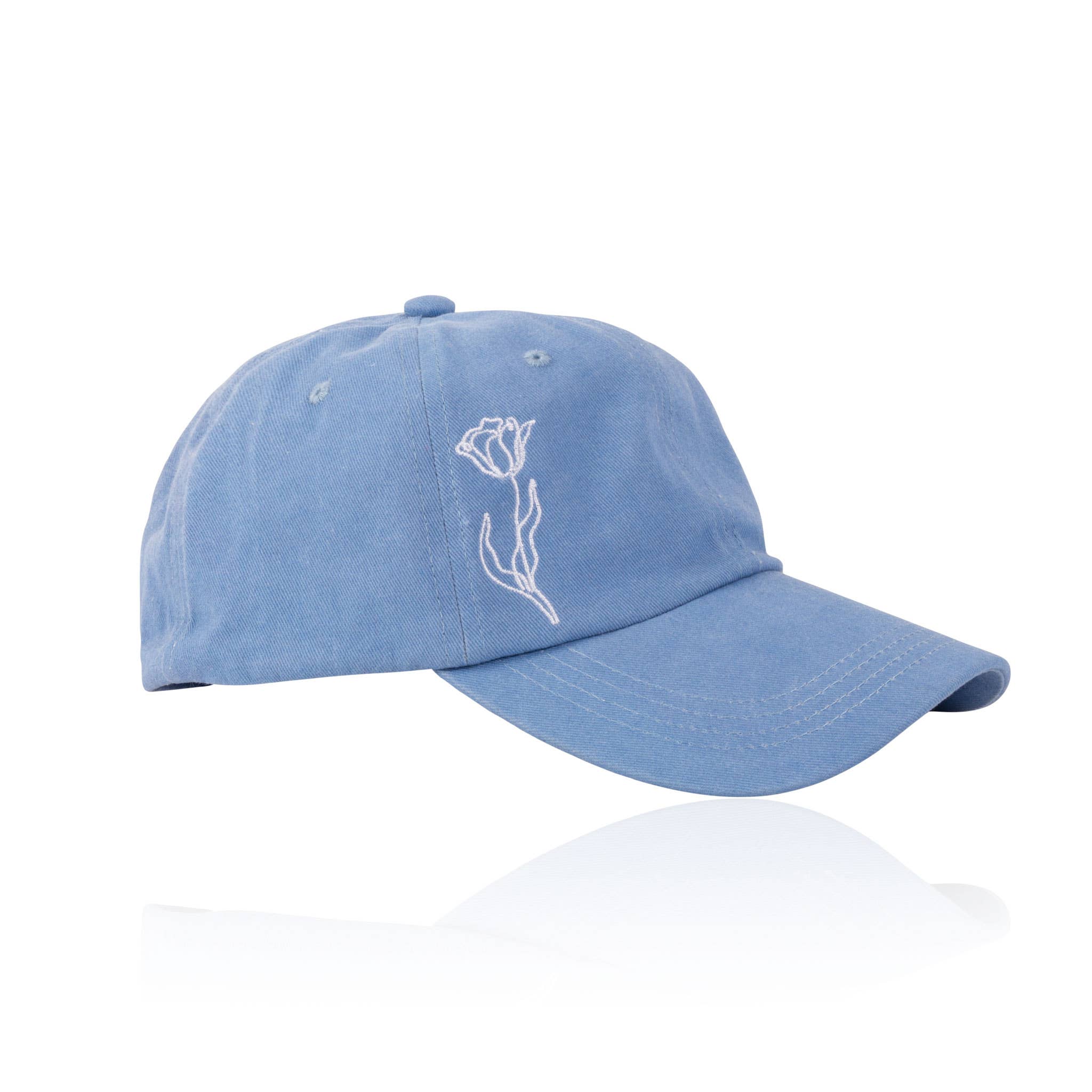 Elsie & Zoey Rue Sky Blue Embroidered Flower Stonewashed Baseball Cap