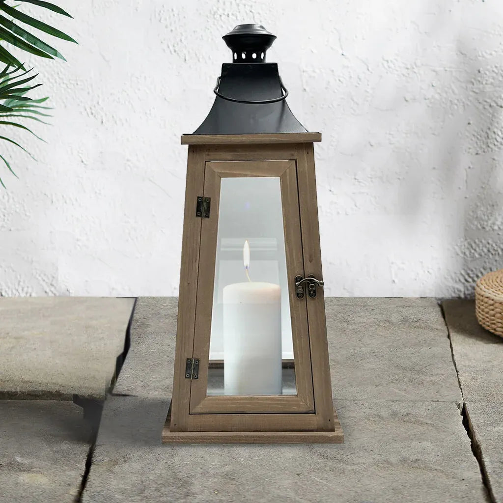 MJJ #8 (Melissa) Wood Lantern Rustic Wood Metal Candleholder Lantern, 19", Large