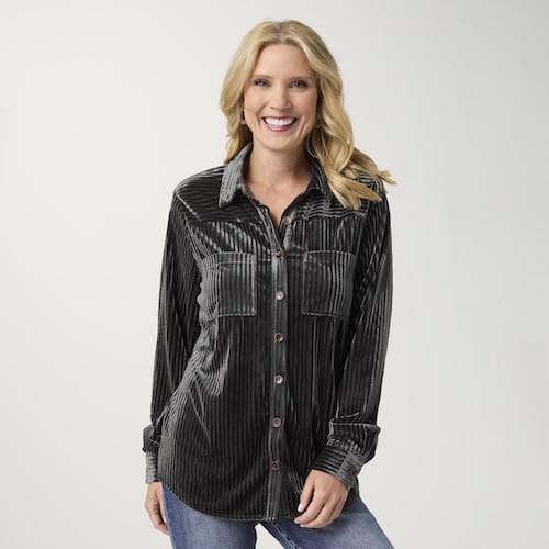 Ruthie Evergreen Fog Ribbed Velour Button Front Top