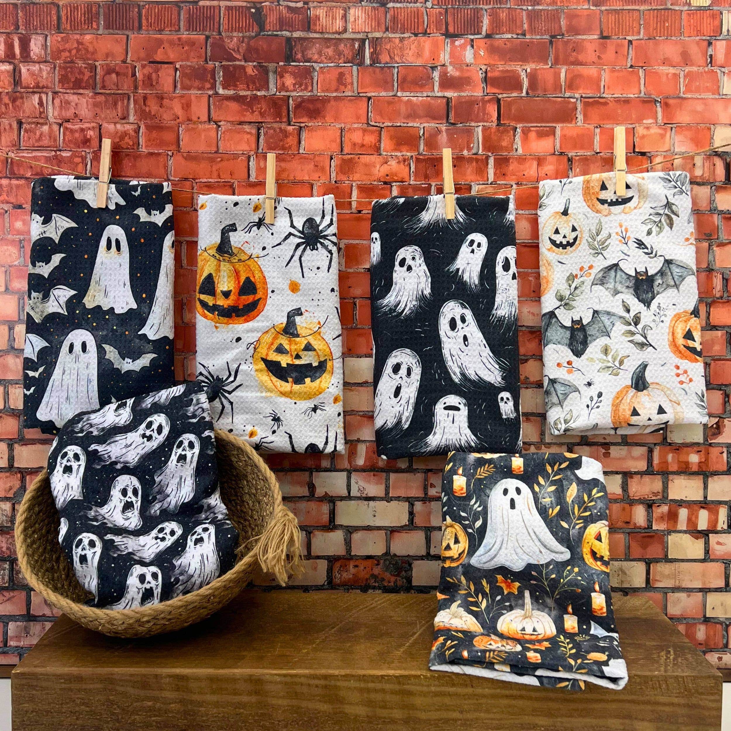 Scary Fall Pumpkins With Ghosts Halloween Waffle Tea Towel