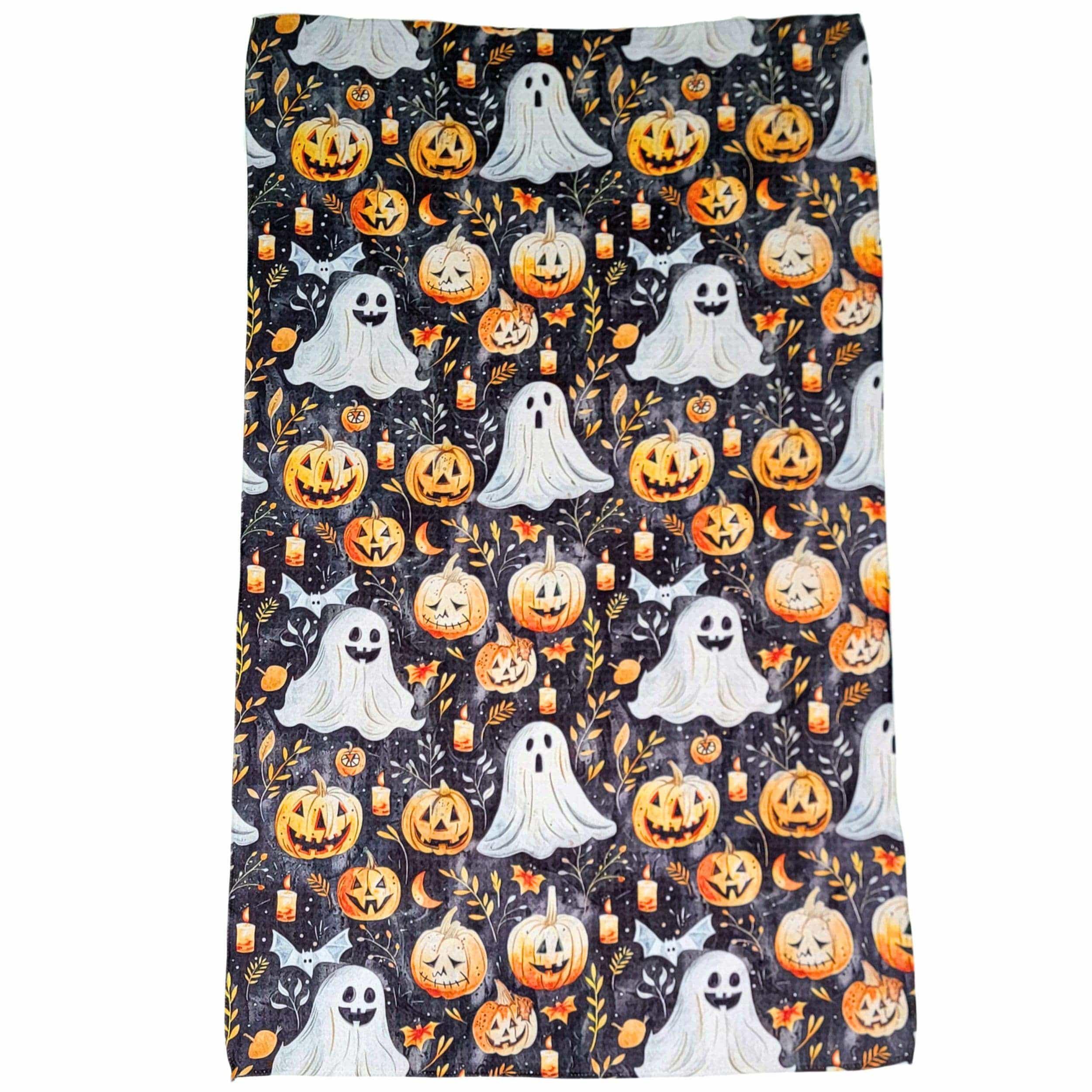 Scary Fall Pumpkins With Ghosts Halloween Waffle Tea Towel