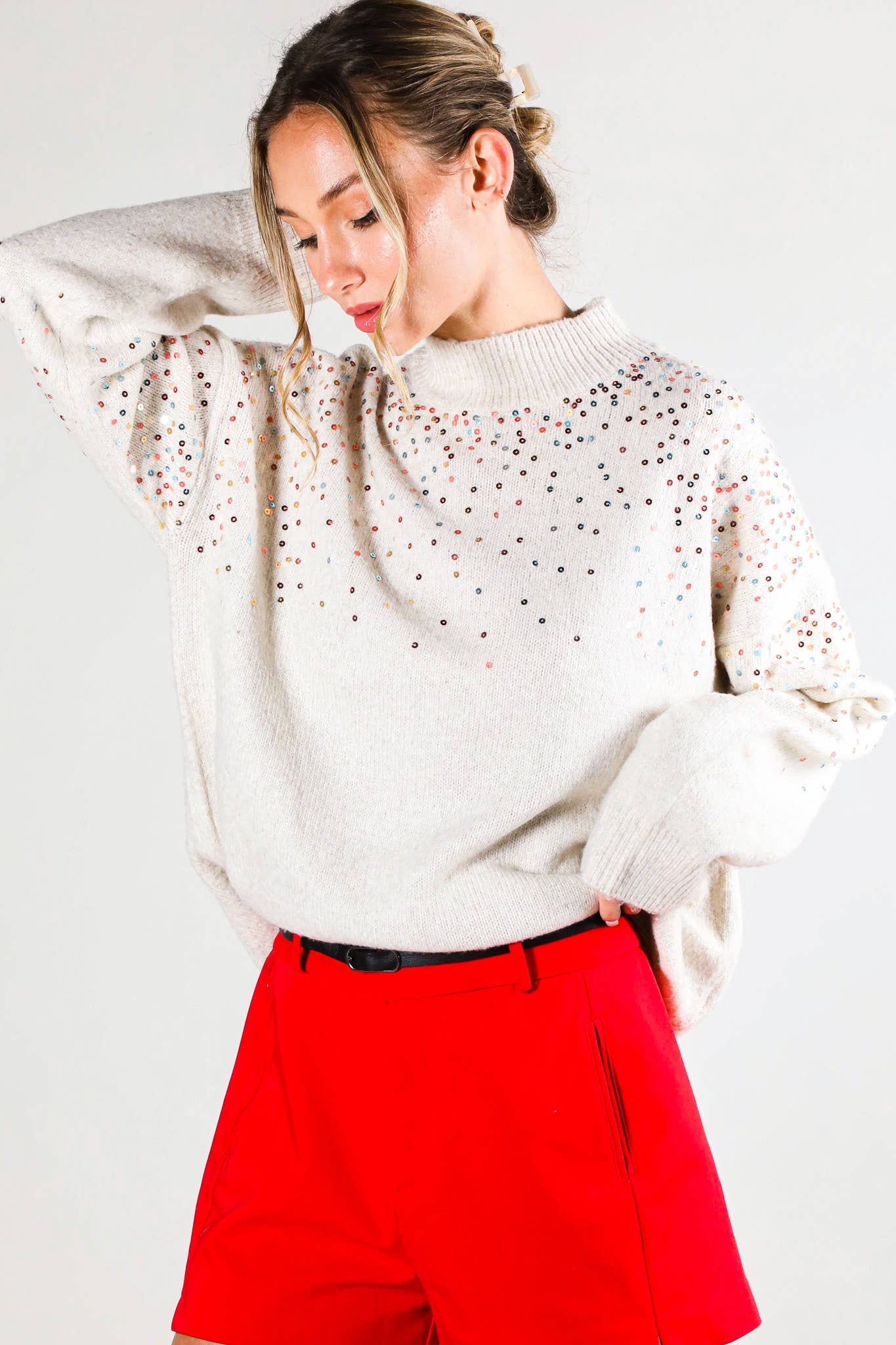 Sequin Embellishment Mock Neck Knitted Sweater