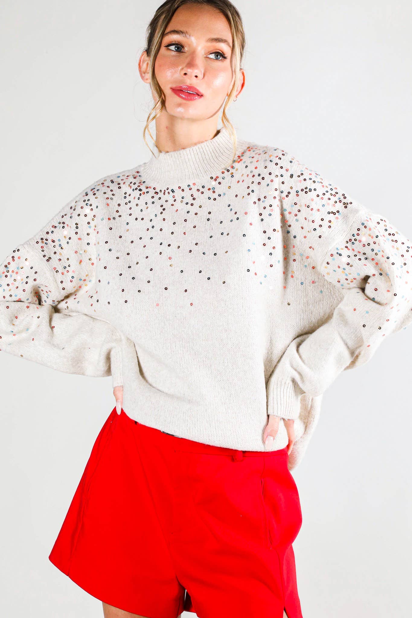 Sequin Embellishment Mock Neck Knitted Sweater