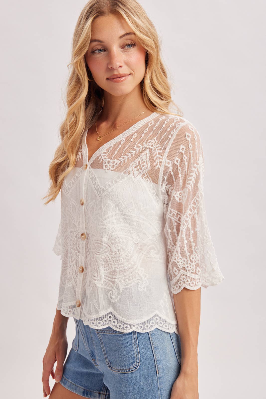 Sheer Embroidered Mesh Scalloped Hem Blouse