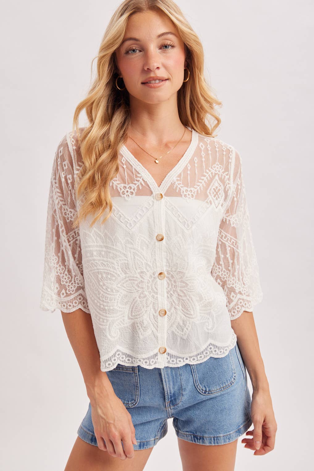 Sheer Embroidered Mesh Scalloped Hem Blouse