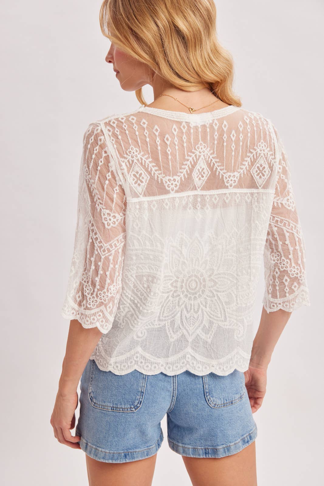 Sheer Embroidered Mesh Scalloped Hem Blouse