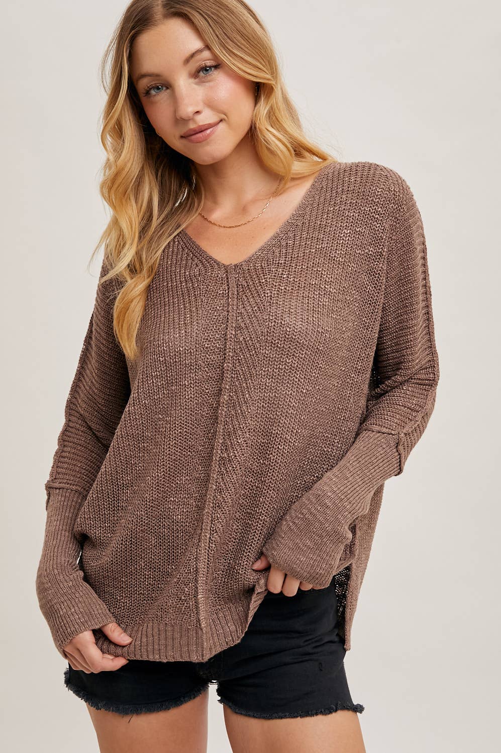 Bluivy SHEER LOOSEFIT V-NECK KNIT SWEATER PULLOVER: MUSHROOM / S/M