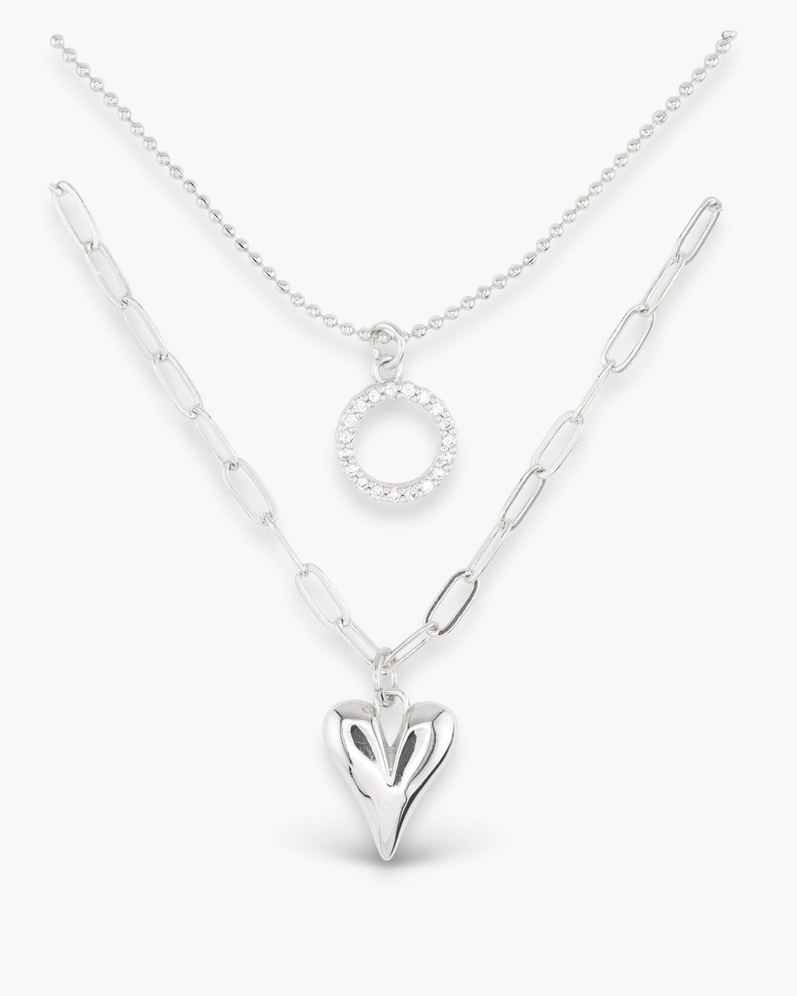 Silver CZ Dual Layer Circle Heart Necklace