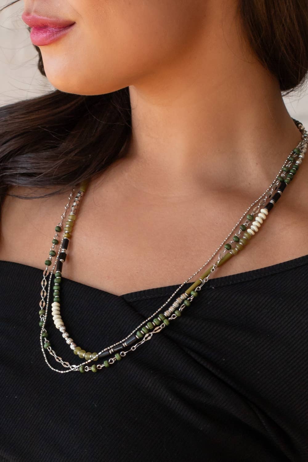 Silver & Green Beaded Multi-Strand Necklace
