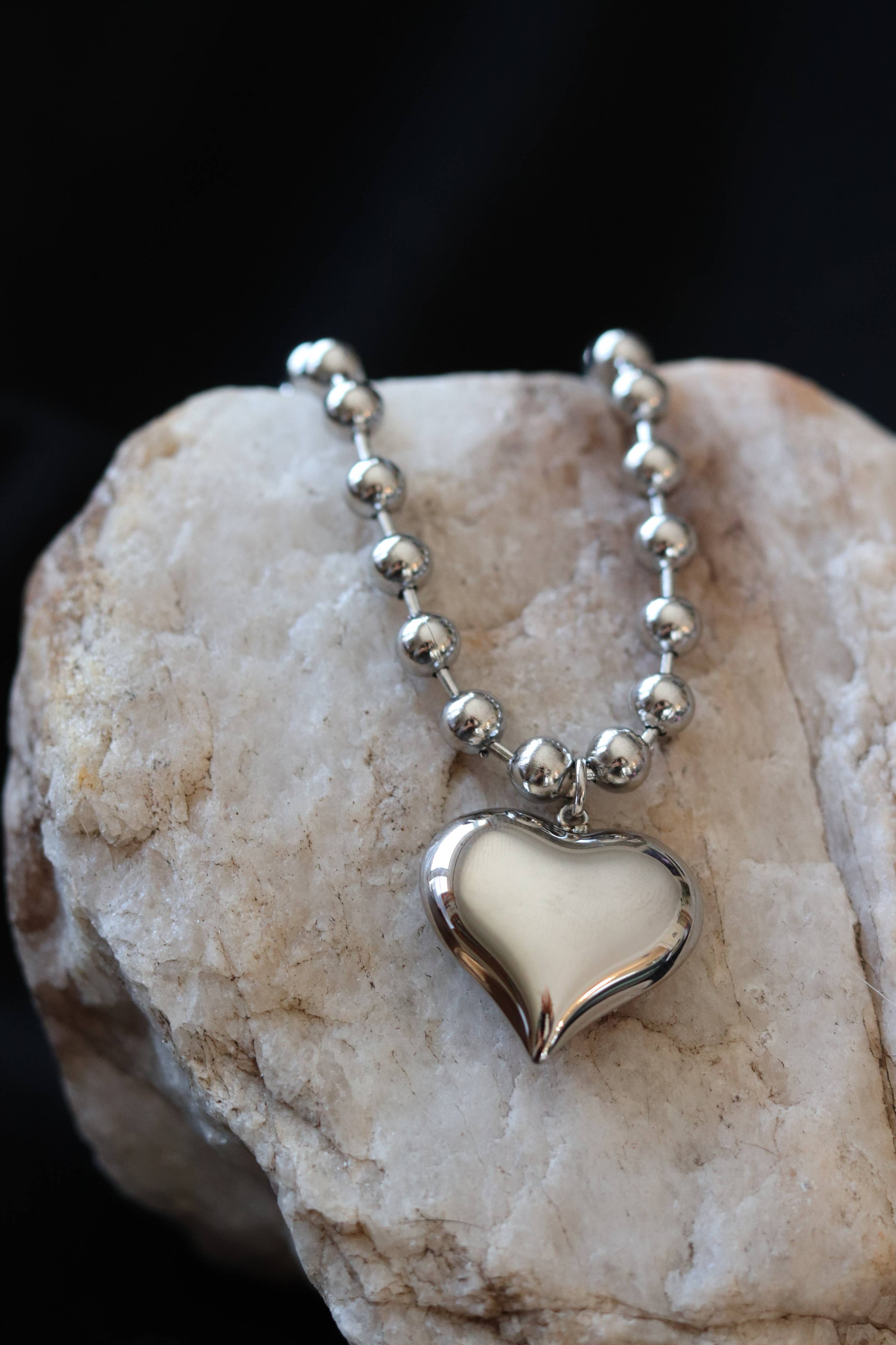 Silver Harlow Chunky Heart Ball Chain Necklace – 18K Gold Plated Stainless Steel Pendant