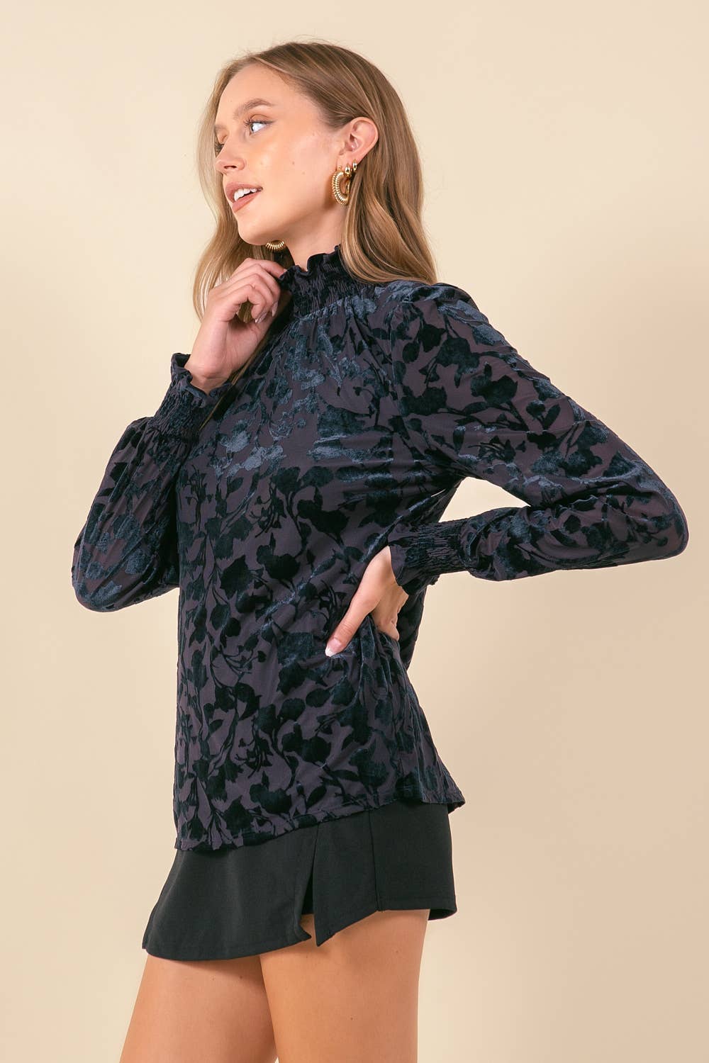Smocked Mock Neck Long Sleeve Velvet Top