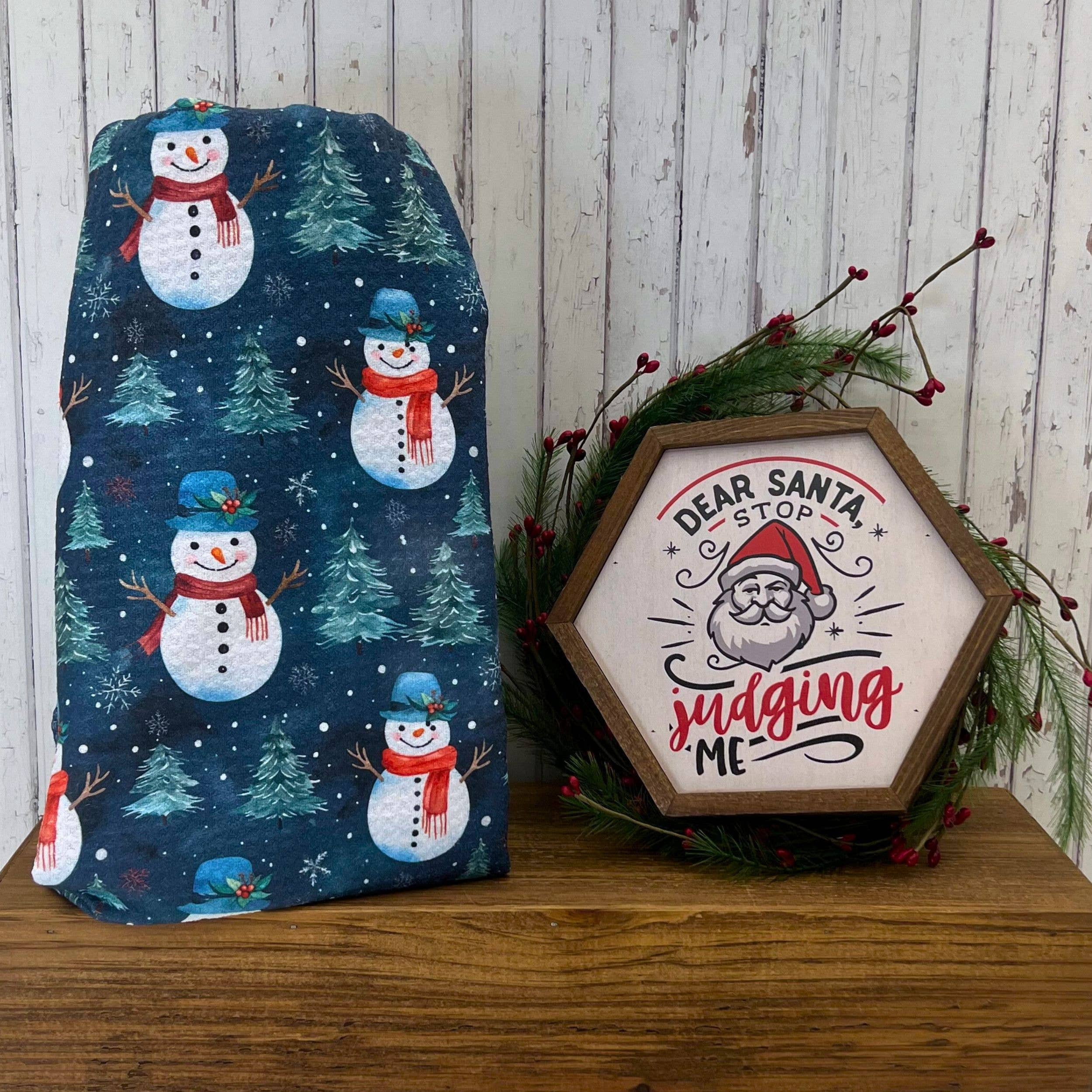 Driftless Studios Kitchen Dishtowel Snowman With Christmas Tree Kitchen Waffle Tea Towel