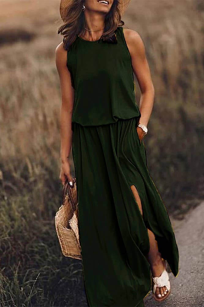 Solid Crew Neck Sleeveless Maxi Dress