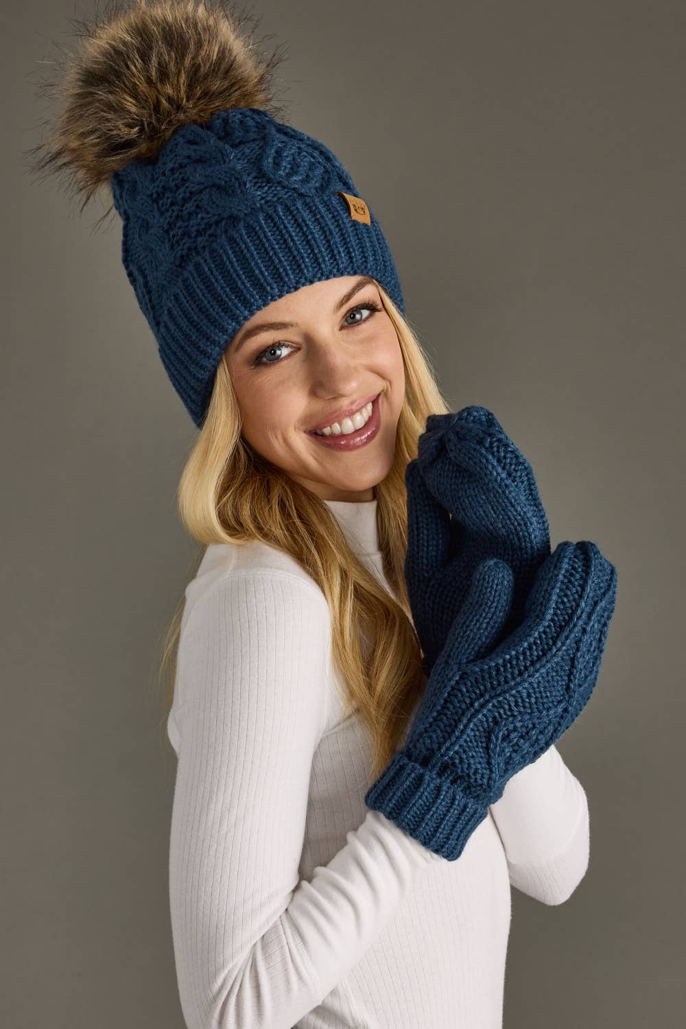 Steel Blue Cable Knit Pom Hat
