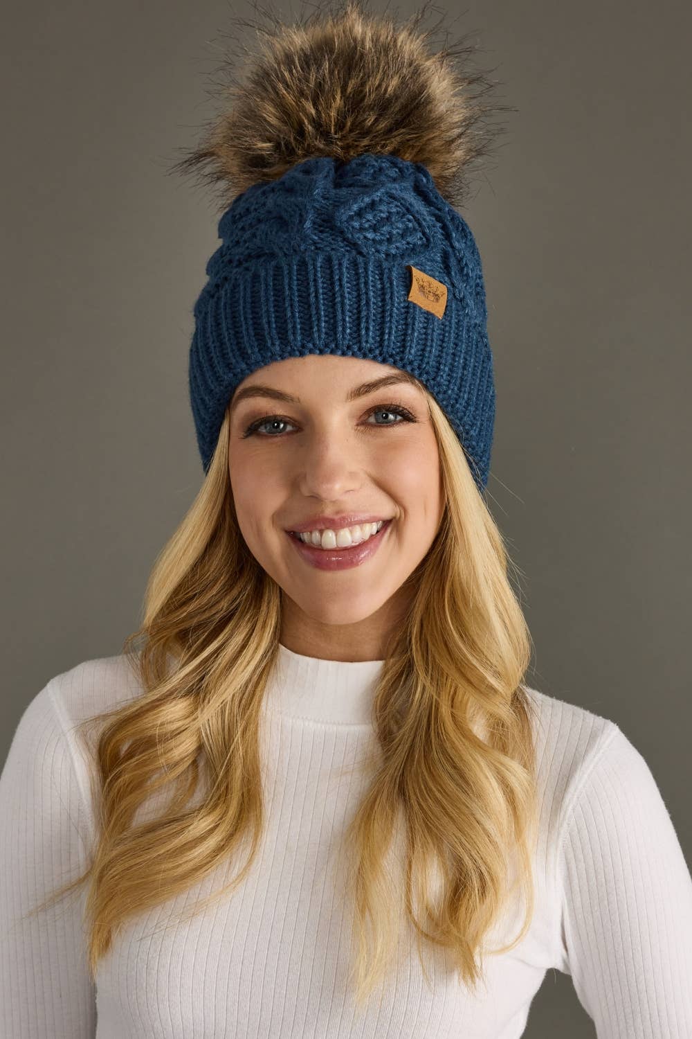 Panache Apparel Co. Beanie Steel Blue Cable Knit Pom Hat