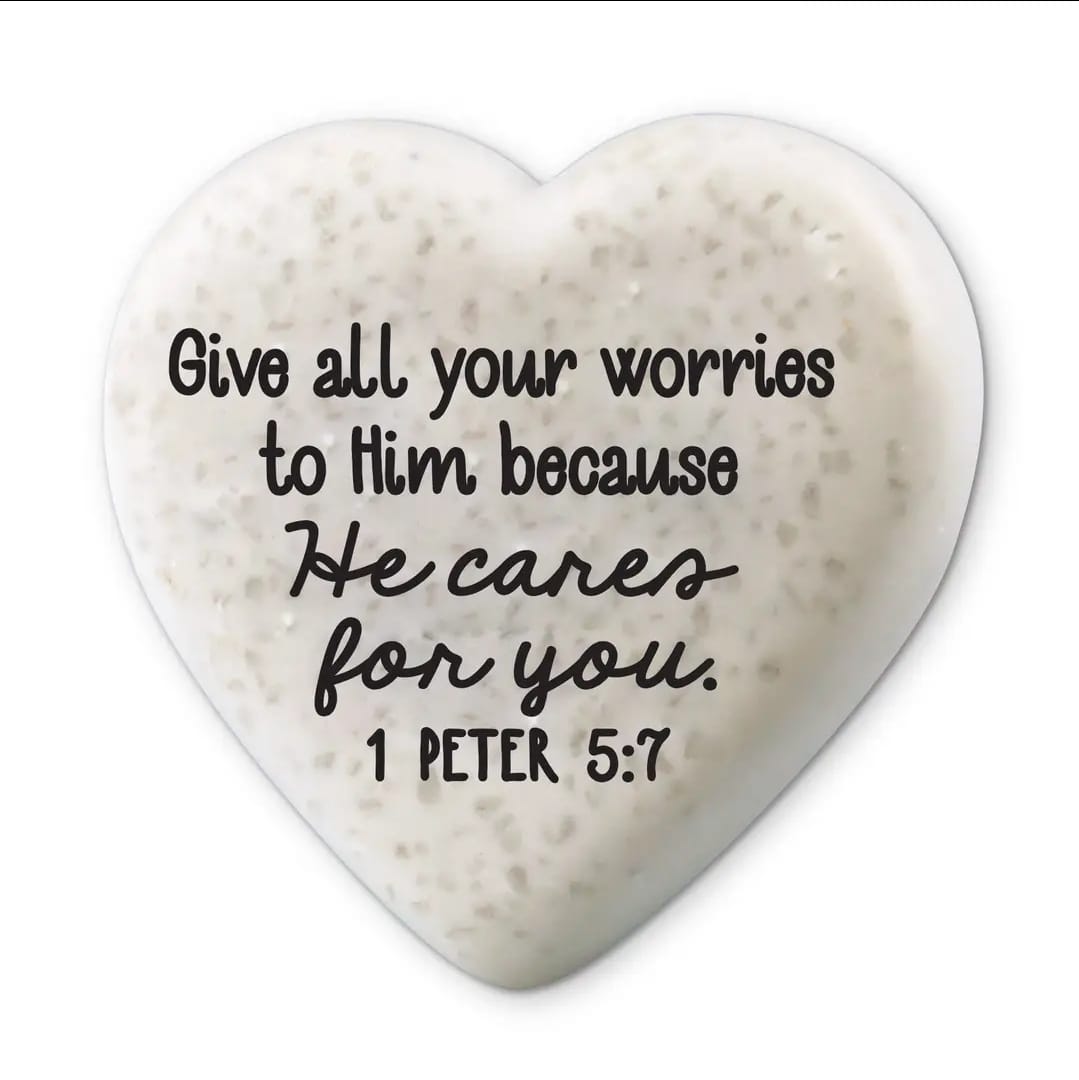 MJJ #8 (Melissa) Stone Scripture Heart Stone Scripture Heart He Cares for You