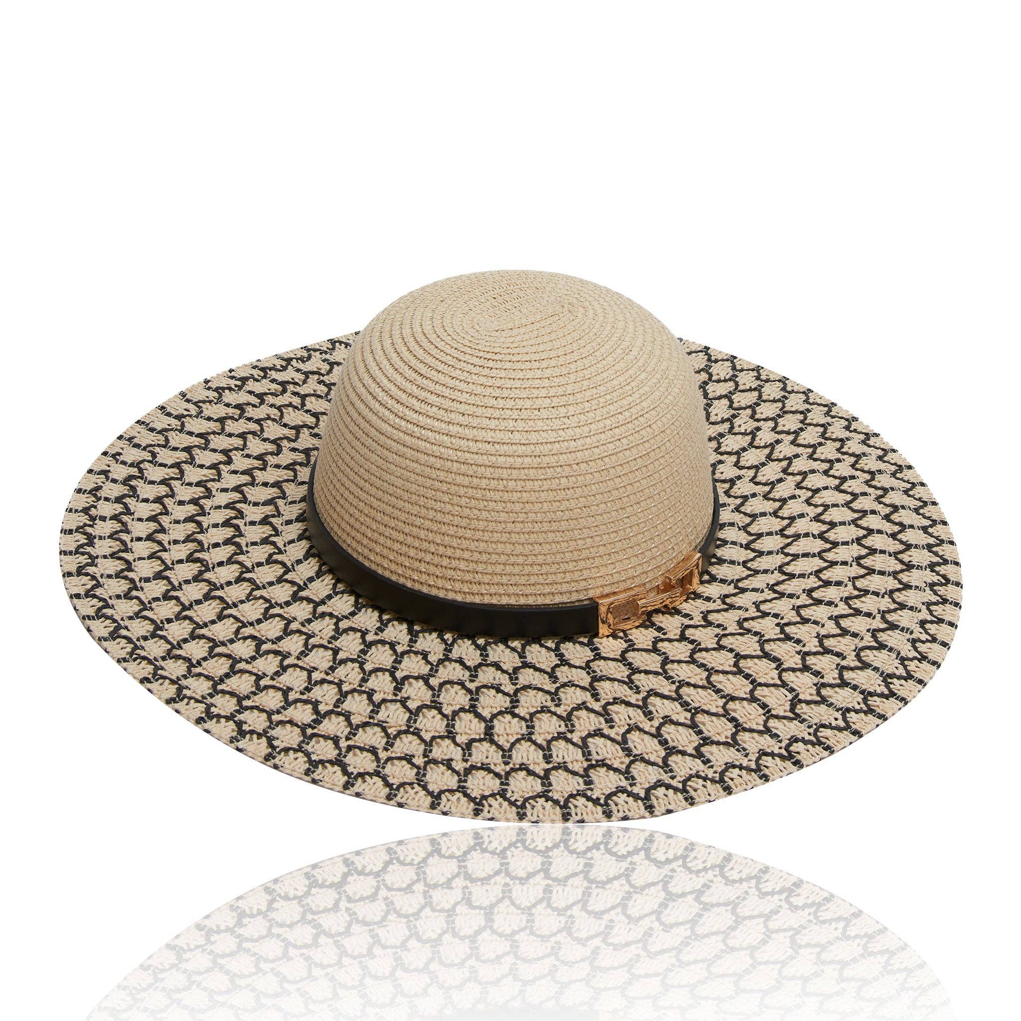 Elsie & Zoey Sun Hat Vienna Contrast Woven Wide Brim with Buckle: Midnight