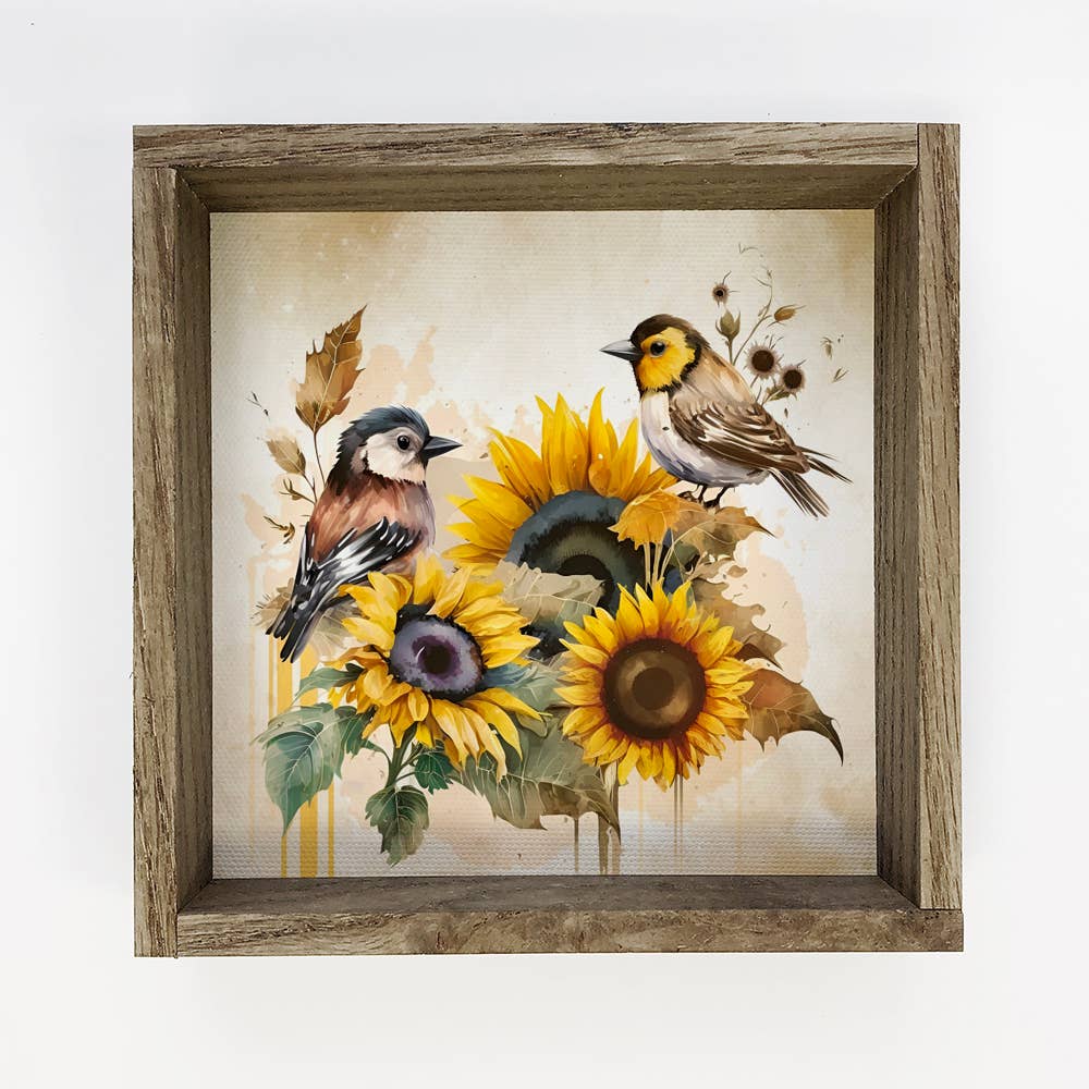 Hangout Home Sunflower Birds - Spring or Fall Watercolor: 6x6" Mini Canvas Art with Wood Box Frame
