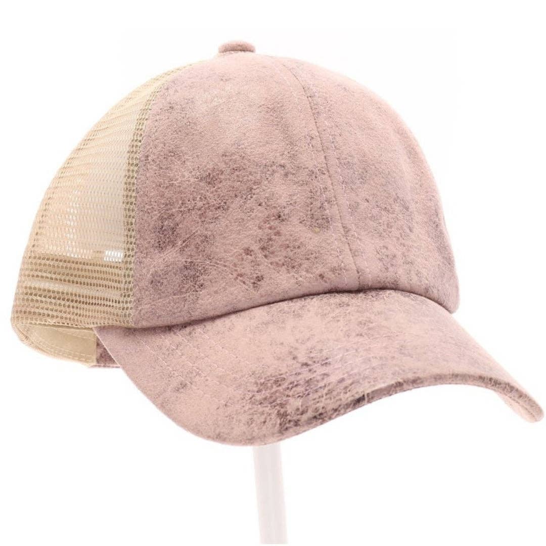 Vintage Faux Leather Criss-Cross High Pony Ball Cap BT923: Rose