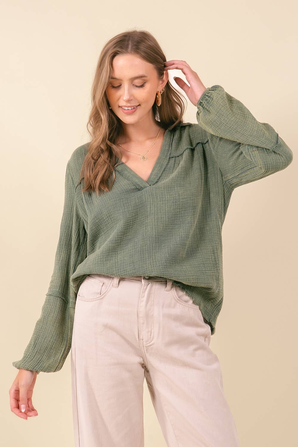 Doe and Rae Top Vintage Washed Cotton Point Collard Shirt