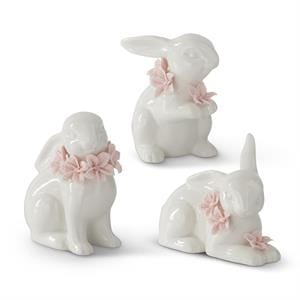 K&K Seasonal Decor White Ceramic Easter Bunnies w/ Pink Flowers