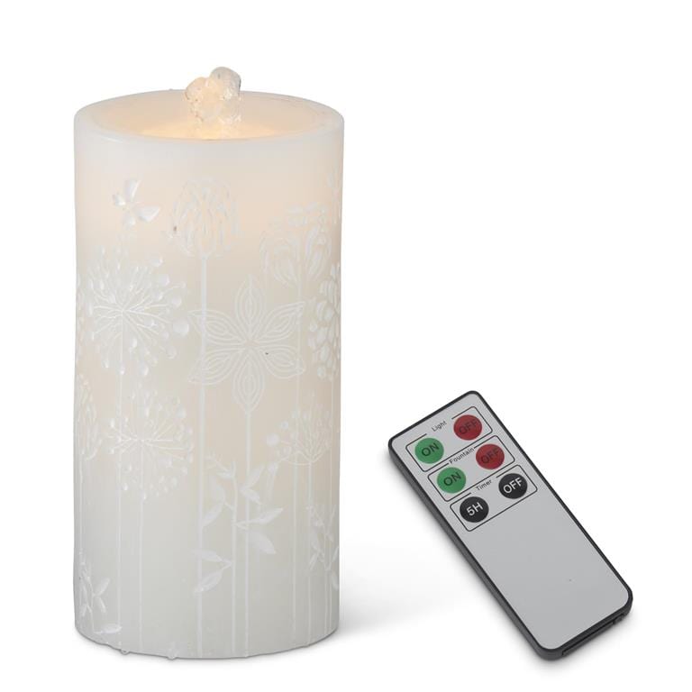 White Flower Embossed LED Wax Pillar Water