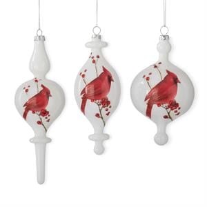 K&K Seasonal Decor White Glass Cardinal & Bead Finial Ornament