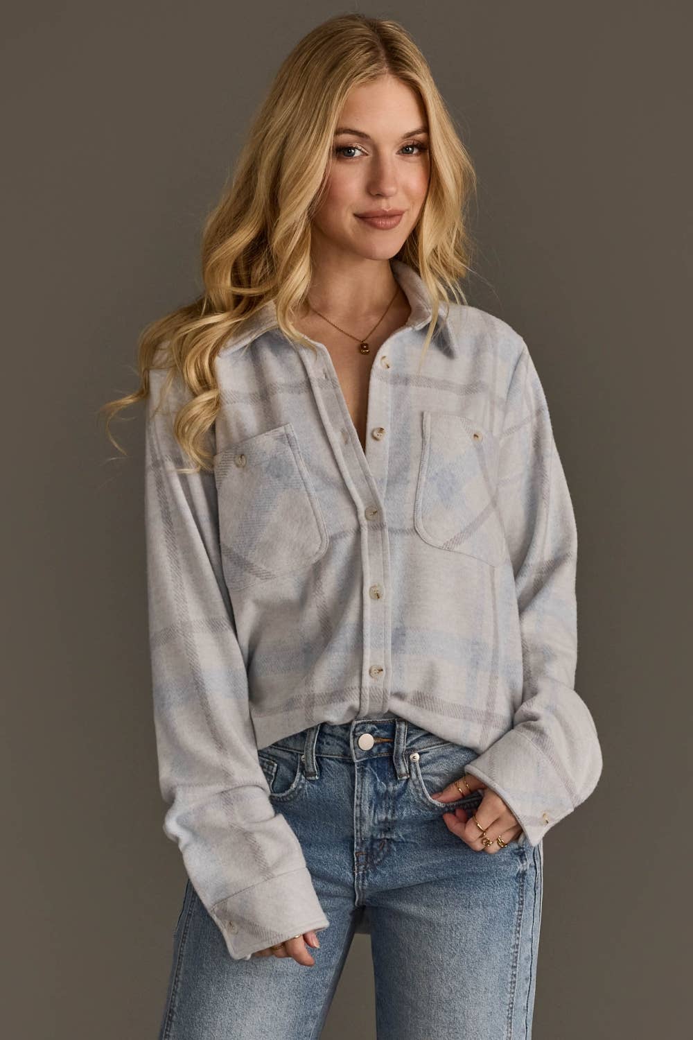 White, Gray & Light Blue Plaid Buttery Soft Button Up