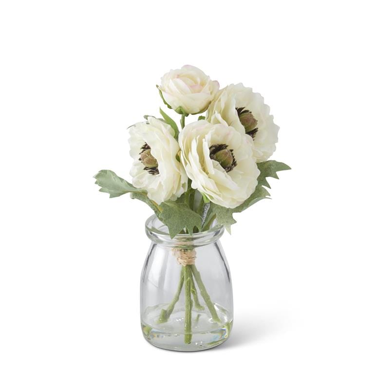 K&K Artificial Floral White Ranunculus in Glass Vase