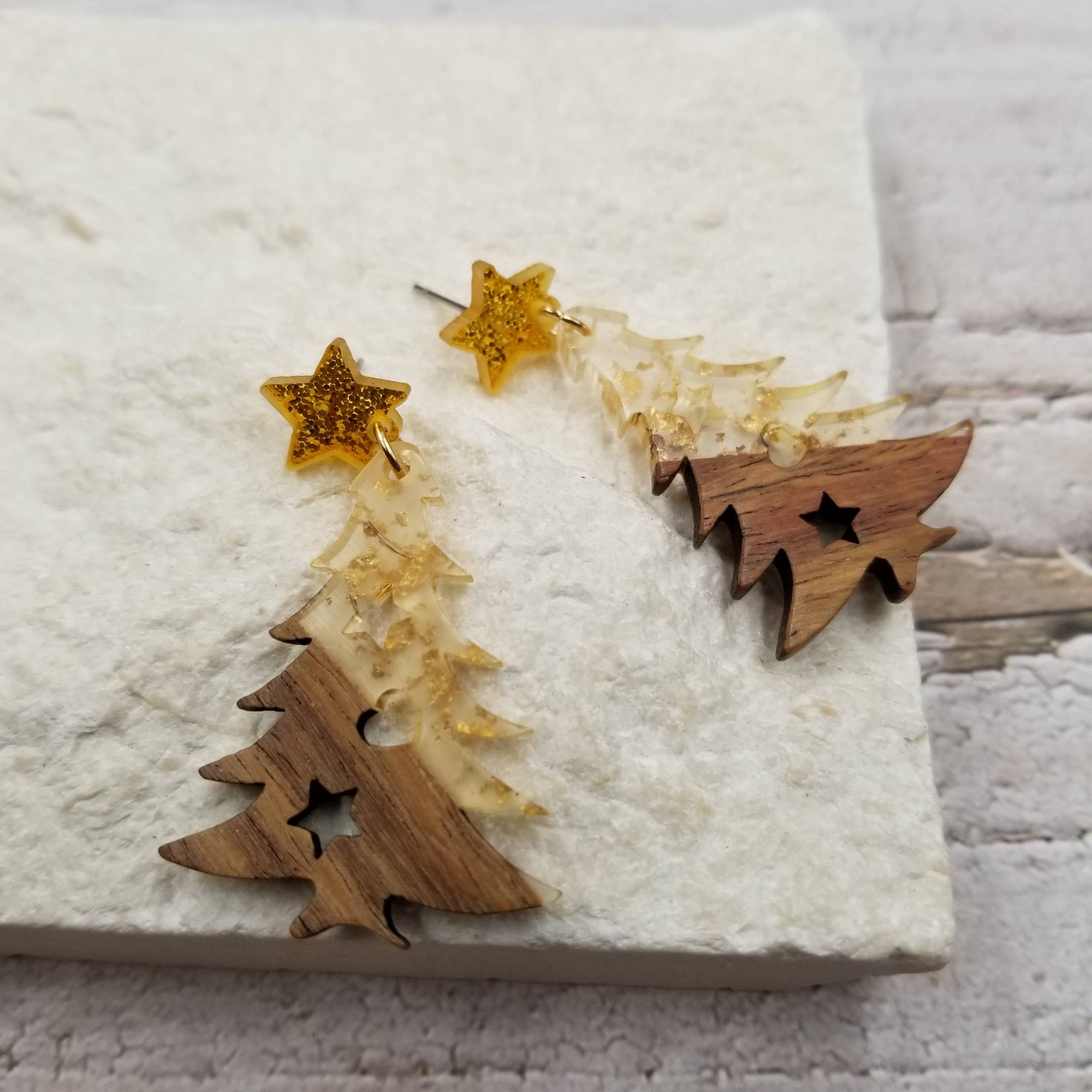 Wood & Resin Christmas Tree Earrings