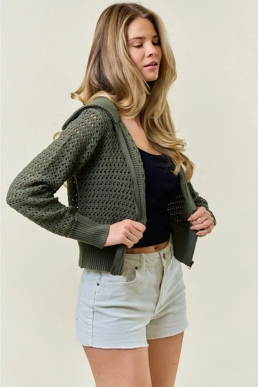 Zip-Up Pointelle Open Knit Sweater Jacket