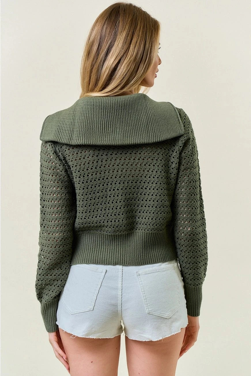 Doe & Rae Sweater Zip-Up Pointelle Open Knit Sweater Jacket