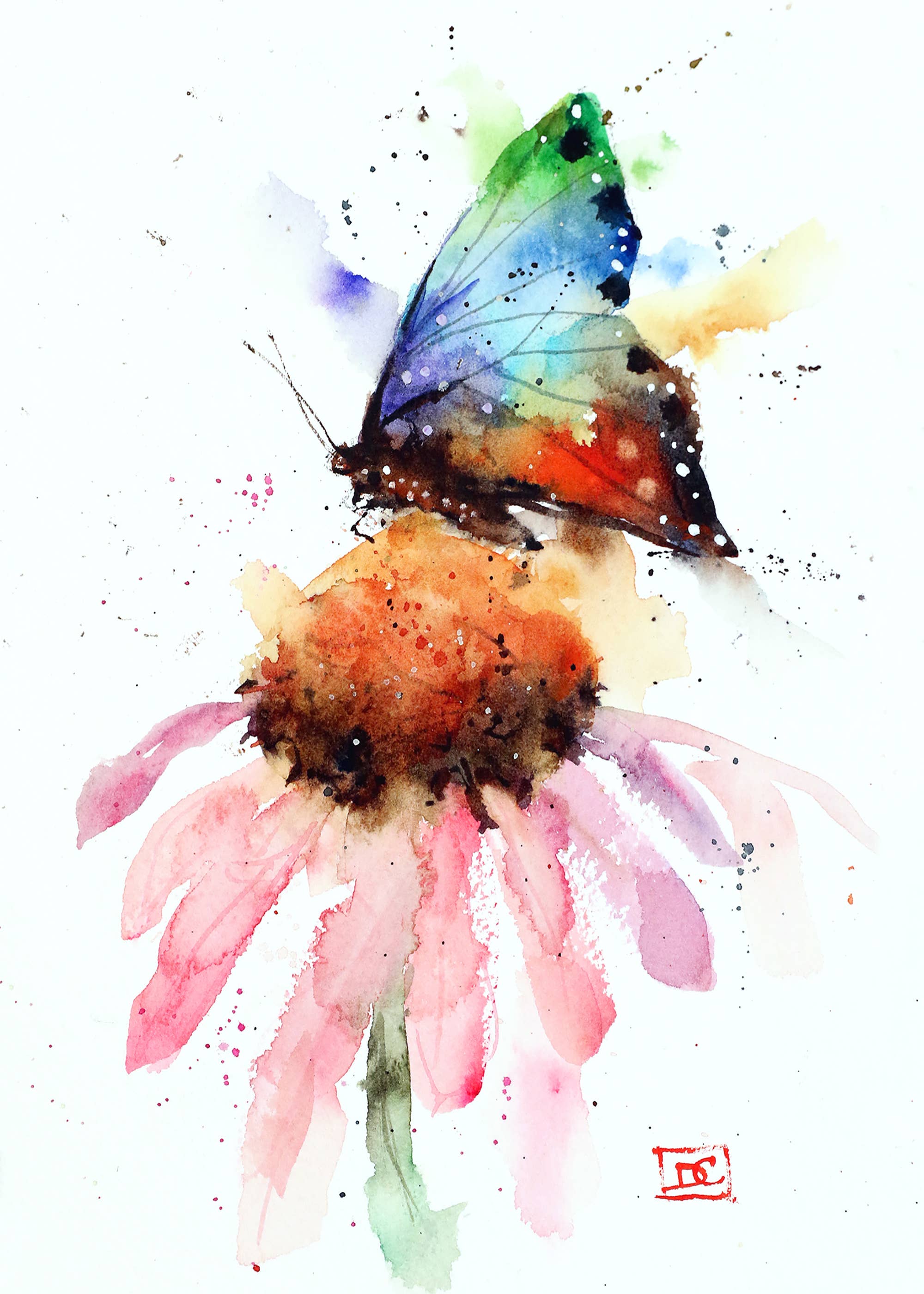 Butterfly on Coneflower Watercolor 5 x 7