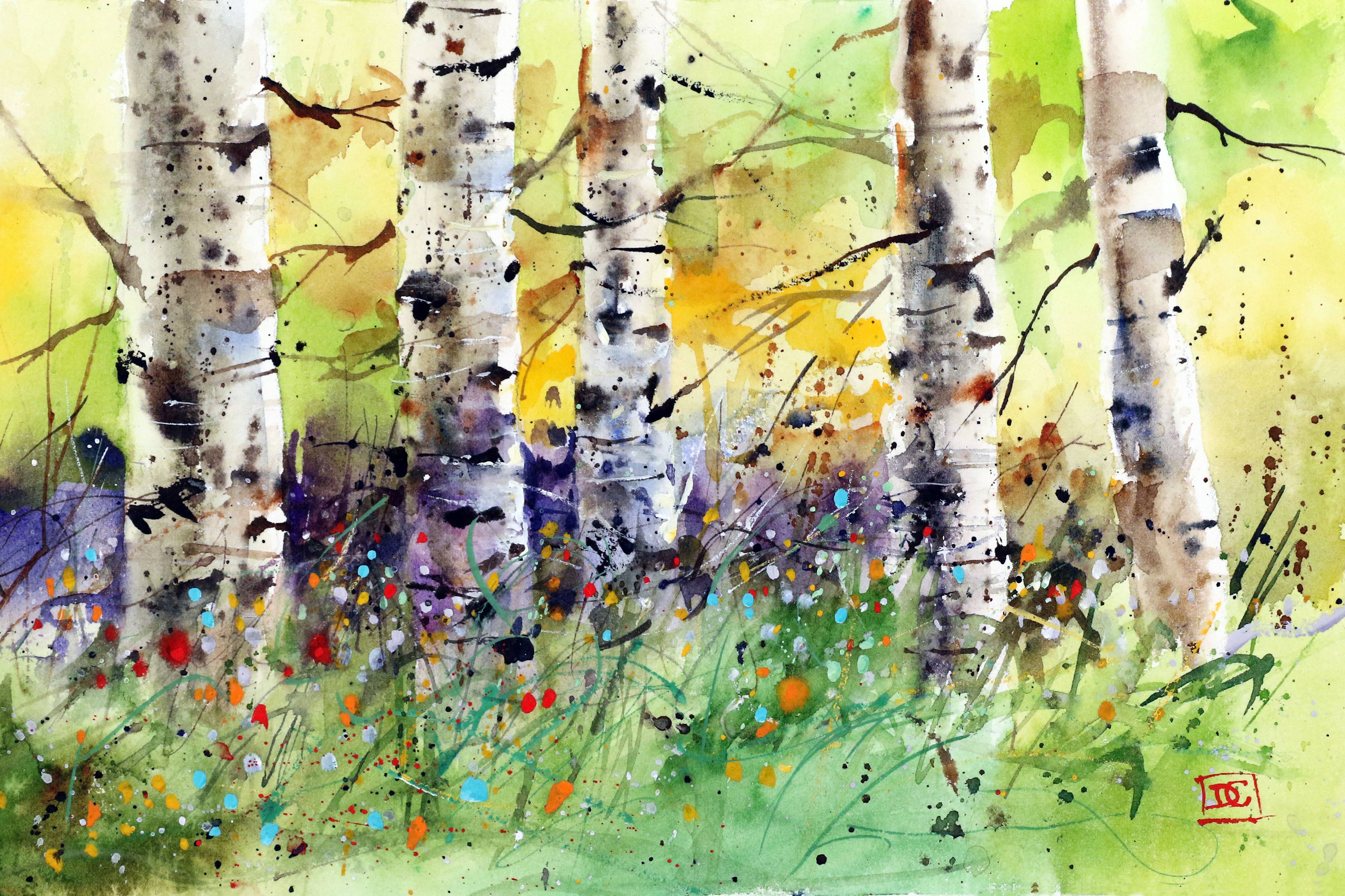 Spring Birch Trees Watercolor 5 x 7