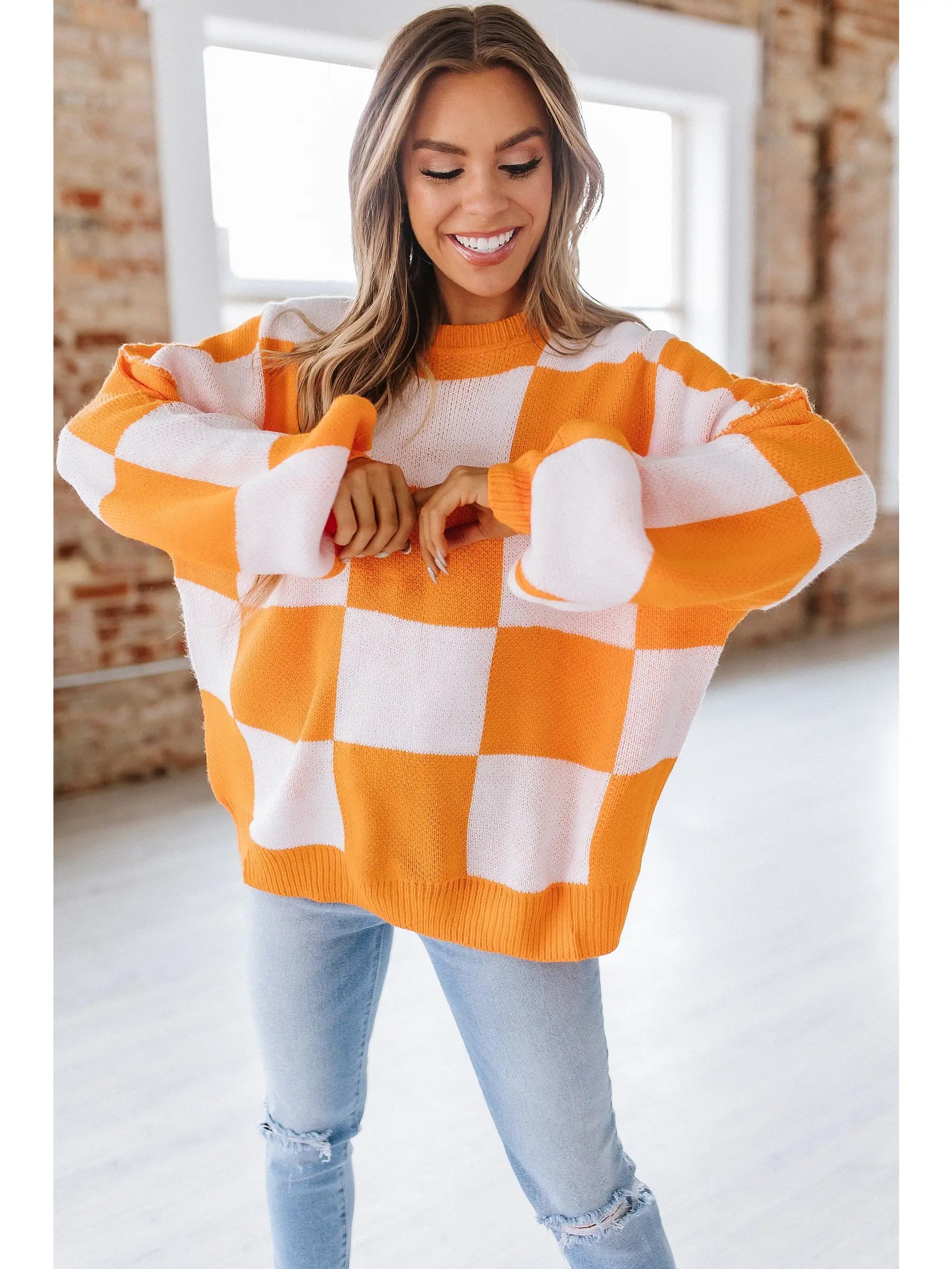 Checkered Bishop Sleeve Sweater