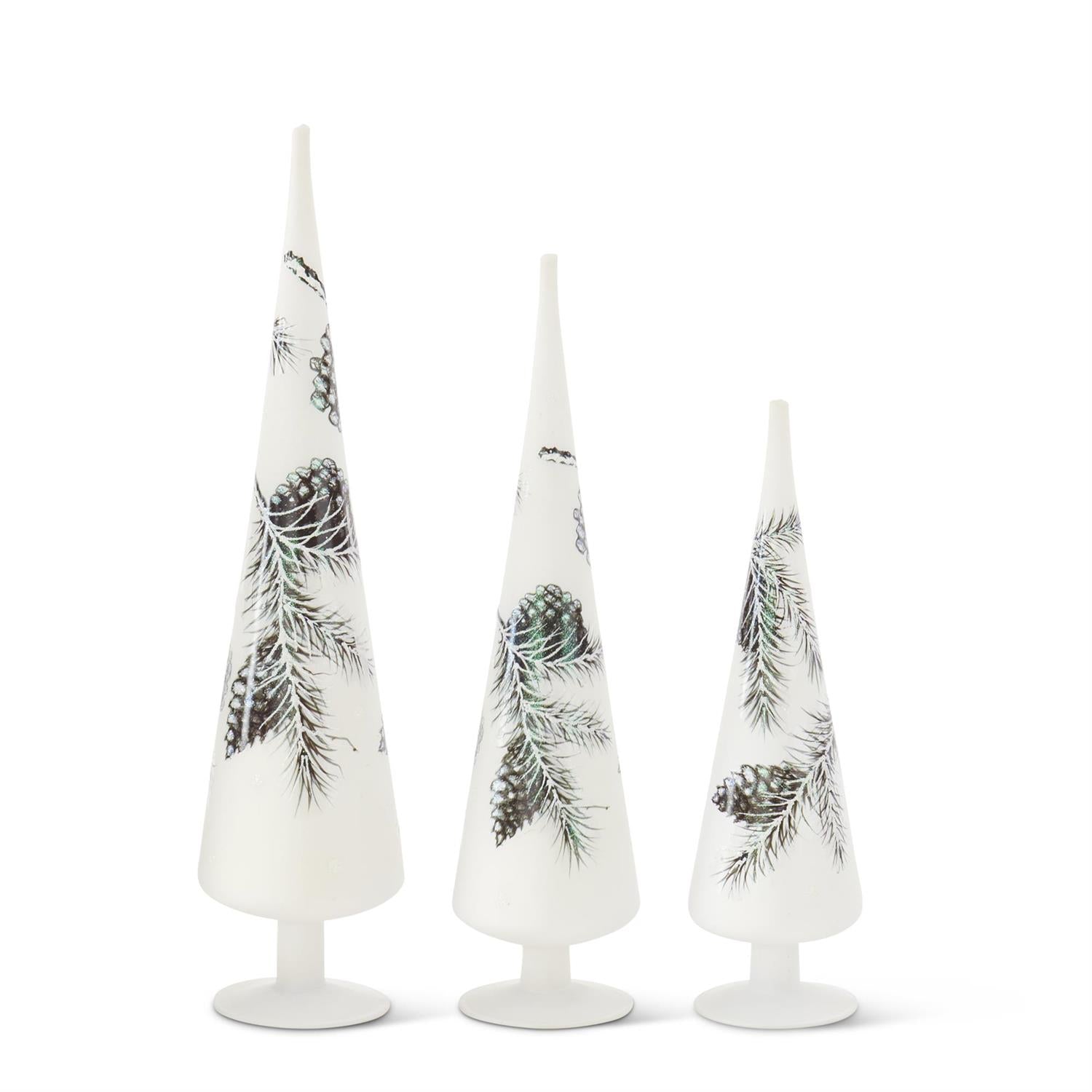 White Glass Cone Trees w/Glittered Pinecones