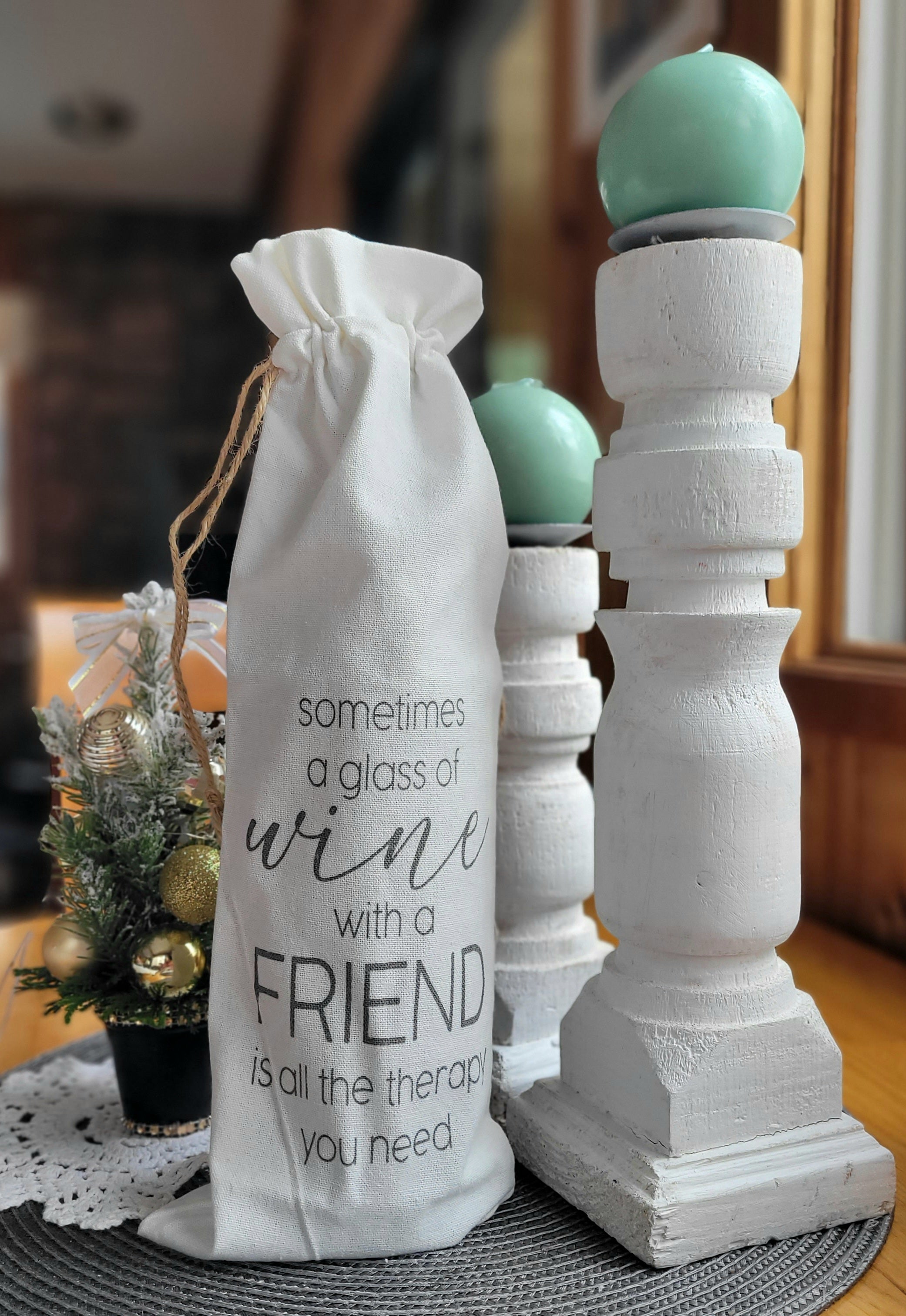 Wine with a Friend Linen Bottle Bag