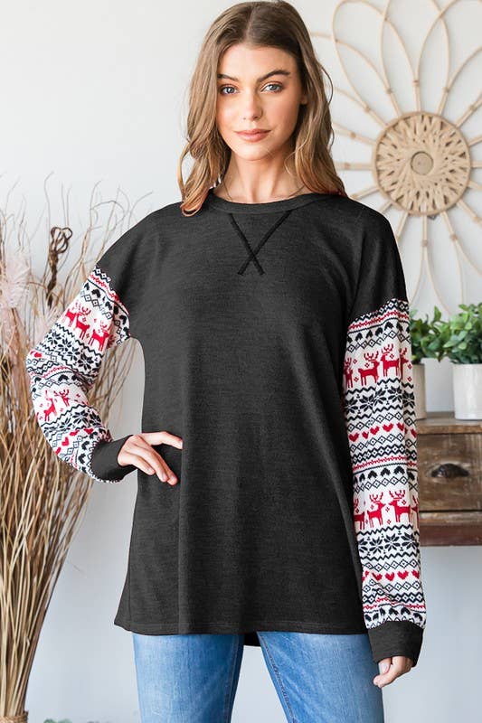 Christmas Reindeer Print Sleeves Top - Black