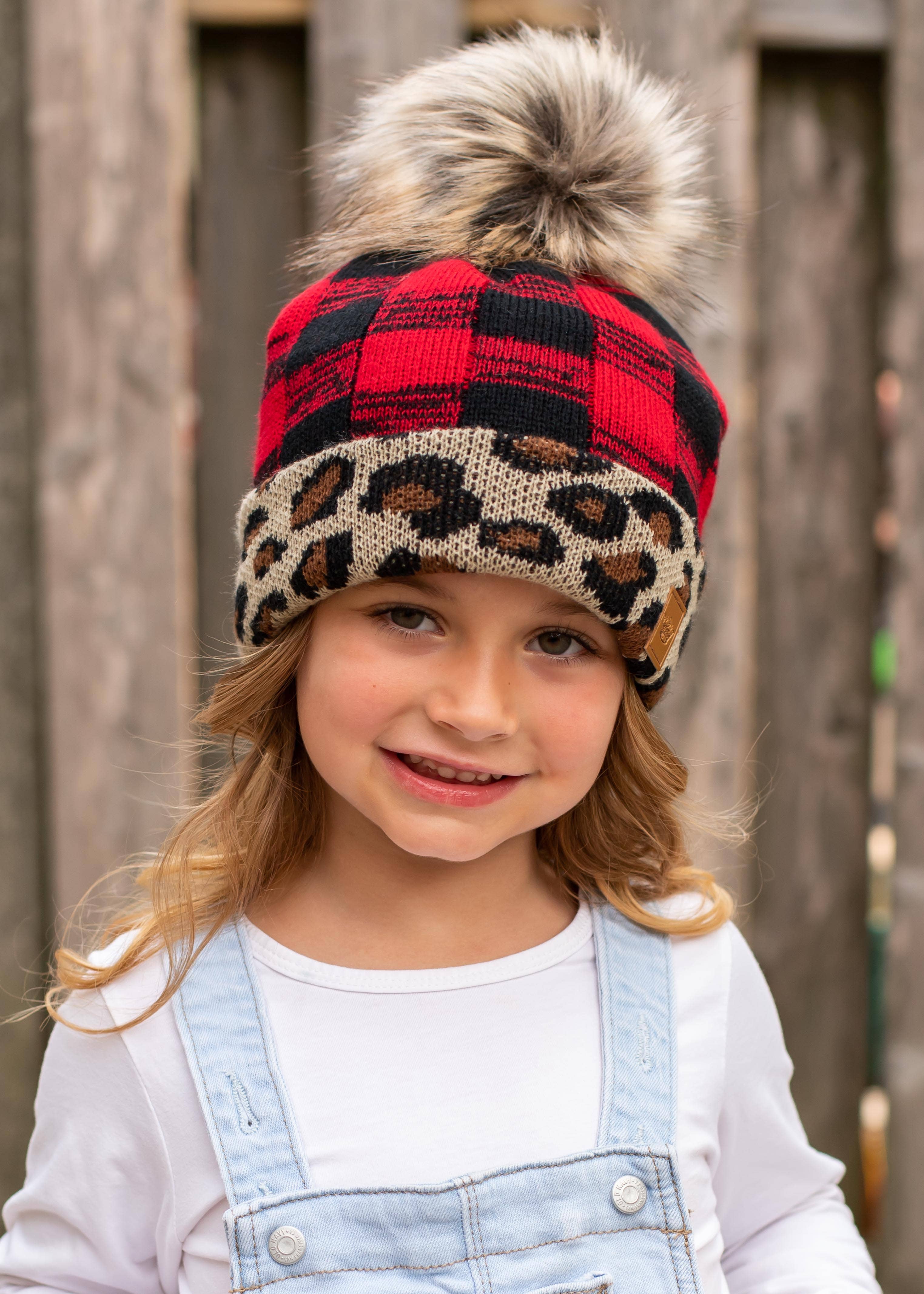 Kids Mini Red Buffalo Plaid Pom Hat w/ Leopard Trim