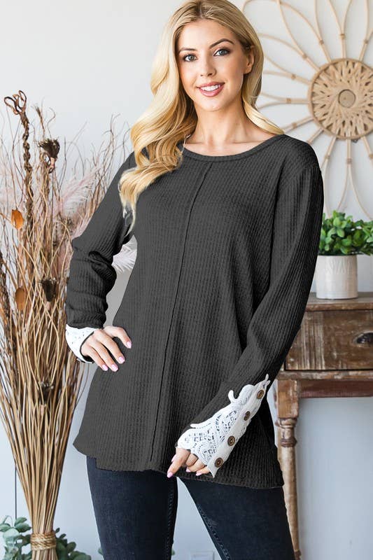 Black Solid Waffle Knit Ribbed Top