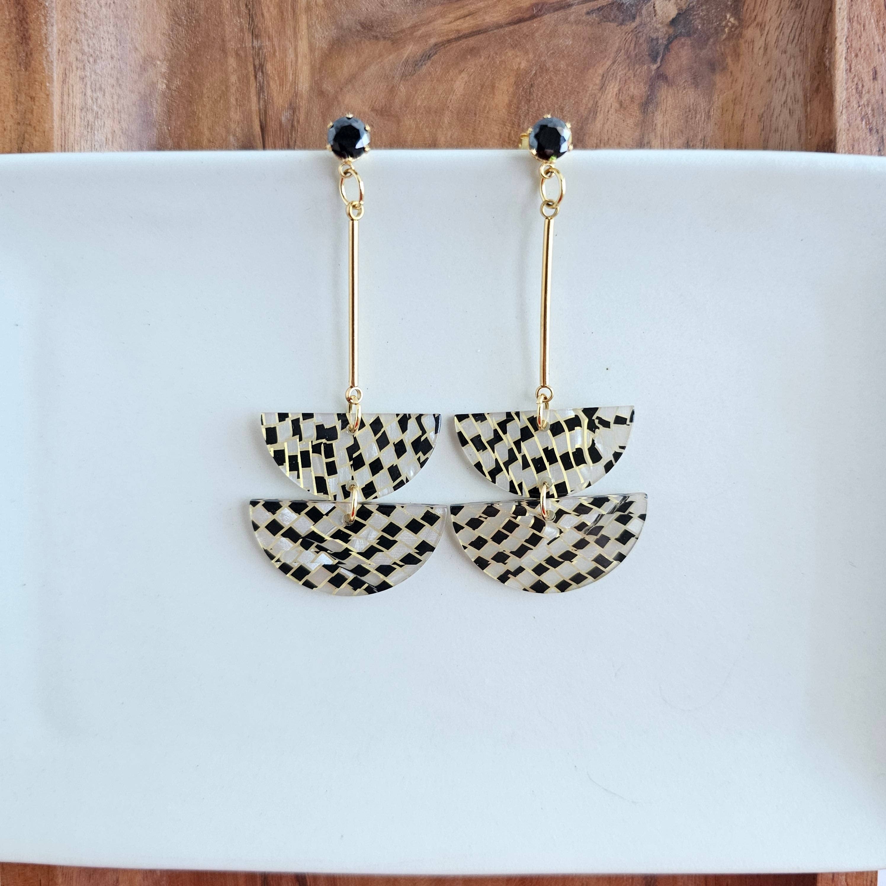 Everly Black Shimmer Checker Bar Drop Earrings