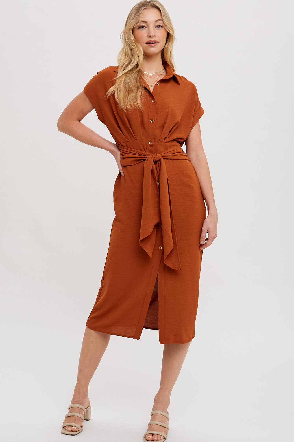 Terracotta MIDI Button Down Collar Dress